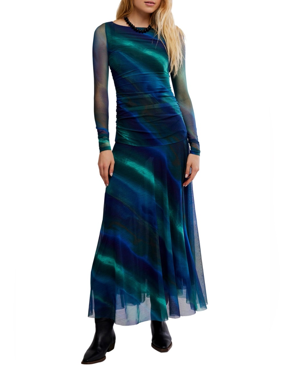 Long Sleeve (mesh) Blue-Green Gradient Formal Dress